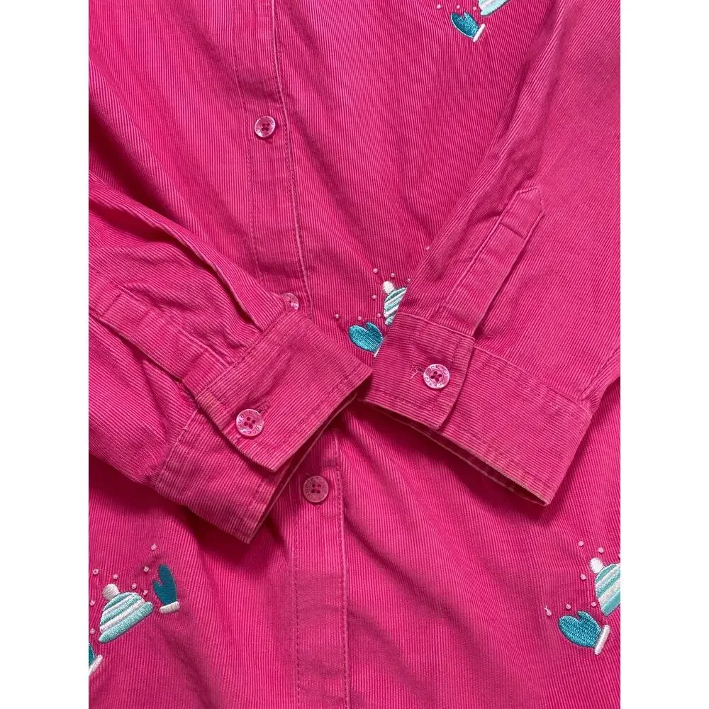 Quacker Factory Pink Corduroy Winter Shirt‎ Size XL Embellished Mittens Holiday
